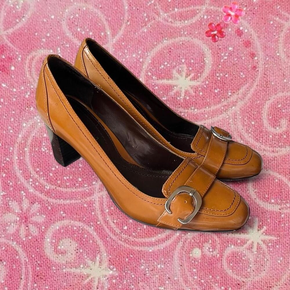 Enzo Angiolini Brown Leather 90s Buckle Chunky Heels
